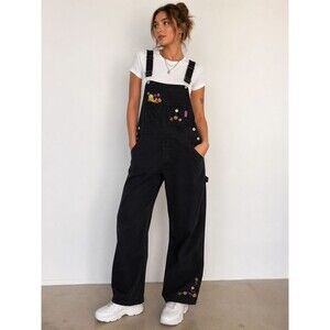 Vintage Looney Tunes Tweety Bird Black Denim Overalls Large Y2K Grunge 90's